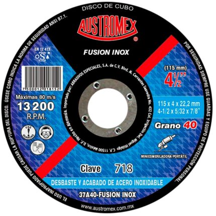 Disco abrasivo para desbaste y acabado de acero inoxidable de 115 x 4.0 x 22.23 mm